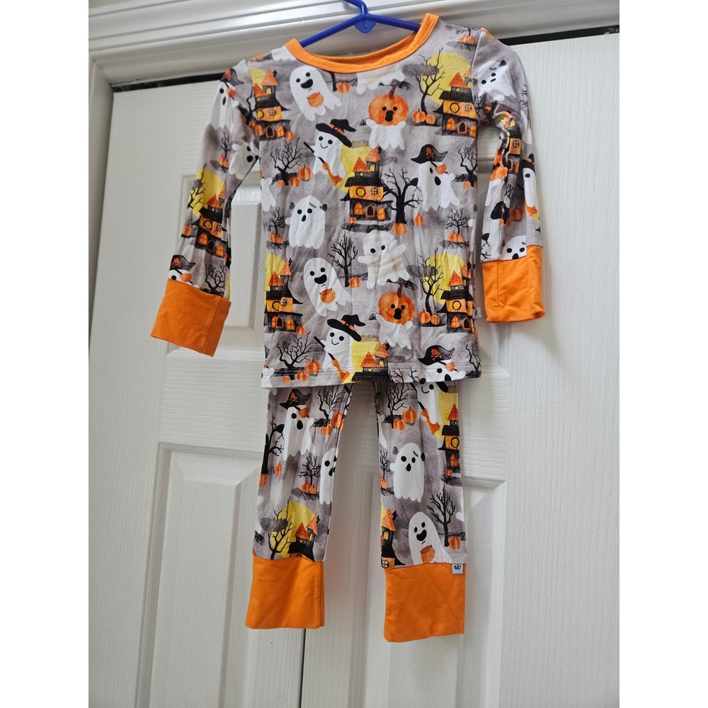 Birdie Bean Halloween Bamboo Pajamas Set Ghosts Pumpkins Grey Orange 18-24M